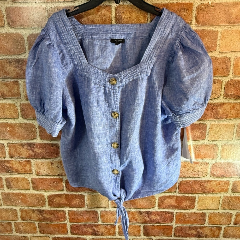 Linen button down coastal beachy French provincial cropped tie front sz MP